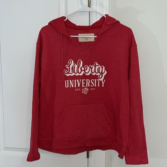 Women’s Red LIBERTY FLAMES Pullover V Neck Hoodie Hooded Sweatshirt M Oversized - Picture 1 of 4